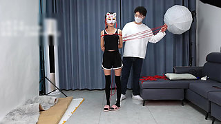 A Young, Beautiful, Slender, and Adorable Girlfriend, with Black Stockings, Red Strings, and Restraints