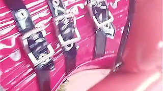 Blonde MILF in Red Latex Rubber Catsuit Teasing with Strap-on