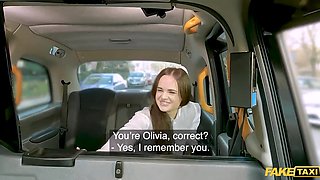 Hot brunette girl orders a taxi and feels so horny, she asks him to stop and fuck her hard