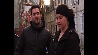 Hot French amateur threesome - Big tits girl takes hard cock in public