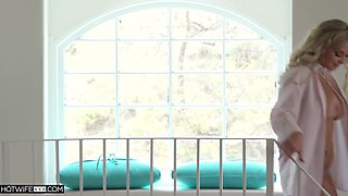 Busty blonde milf with huge boobs calls a guy with big cock to pound her in her bed