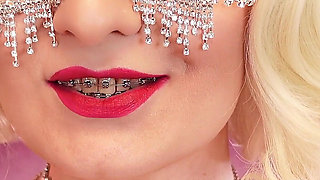 ASMR: beautiful yawning Santa girl wearing nitrile medical nurse gloves
