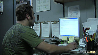 Inside their office the innocent looking brunette is having her pussy thoroughly dicked down
