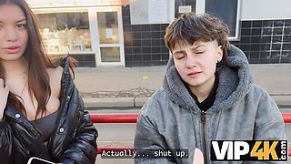 Vip4k. 2 pretty lesbos don't mind to having a three way with a stranger from the train