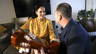 Jennifer Mendez blows and rides lucky dude on leather couch