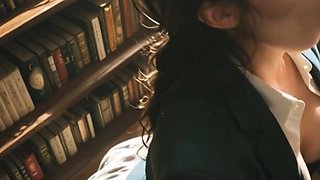 Black-haired schoolgirl doggy in library and sloppy blowjobs