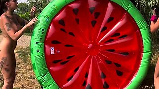 Foursome of teen babes in lesbian group sex