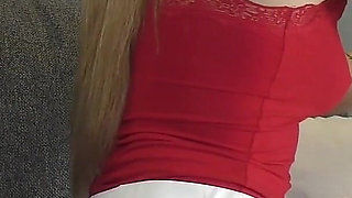 Hot Sexy Tennis Girl in Short White Skirt Goes No Panties and Gives a Handjob to Take Cum on Big Boobs