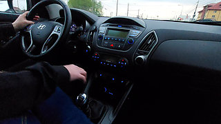 Amateur MILF in jeans and nylon socks gives a taxi driver a footjob