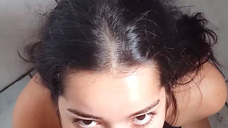 Facial Cum in POV - the Young Brunette Knelt and Had to Suck Until She Got All Messy