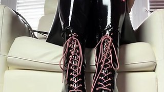 Crawl at my boots, hot mistress Kate in her latex and high