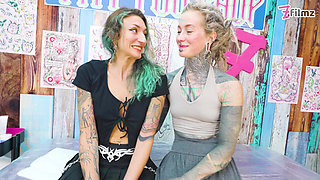 Inked Sluts Double Blowjob Then Anal Fuck Tattoo Session Ends with Cum Glazing New Leg Ink