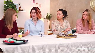 Four adorable teens play with each other's pussies on camera