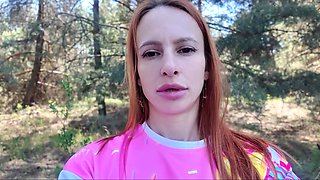 Redhead shawty quickly gets bored in the woods and asks for a dick