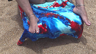 Laying with My Shaved Big Pussy Spread Wide Open on the Nude Beach to Tease Those Walking by and Looking BBW Swinger Wife Feet