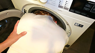 My Stepbrother Fucks Me While My Head Is Inside the Washing Machine and Covers My Tits in His Cum.