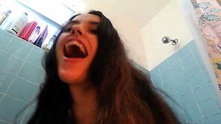 French Brunette Teases, Fingers Her Ass in the Shower