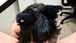 Cute cat girl gets covered in oil   POV blowjob footjob