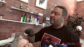 Fully inked blonde River Dawn gets her tight pussy fucked on the couch