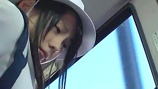 A man targets a girl in a uniform, groping her body and lifting her skirt to touch her buttocks.