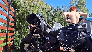 Mila Naturist Flaunts Big Tits in Skimpy Leather Outfit on Black Bike Behind the Scenes Tease