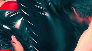 Tearing off Clothes and Rough Fuck in a Hairy Pussy, Facial. Big Ass MILF in Shiny Black Pvc Catsuit Used Like a Slut