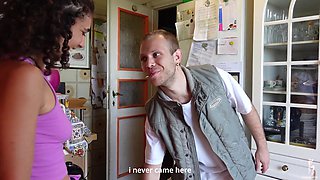 Sexy Fit Curly Busty Babe Tempts a Gifted Plumber To Fuck Her In the Ass & Cum On Her Feet