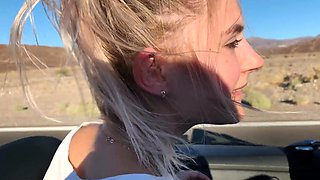 Public teen sex in the convertible car on a way to Las