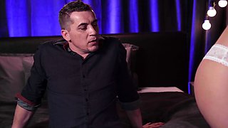 Busty curly brunette with big boobs fucks on couch