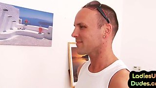 Pegging CFNM babe toys BF in femdom threesome with dildo