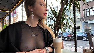 Flashing tits in cafe with glass walls so all people