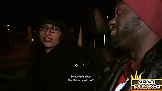 Public interracial blowjob with nerdy slut