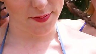Hairy Brunette and Shaved Blonde Lick Each Other and Fuck Cucumber