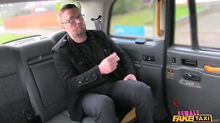 Busty British milf screws news reporter on the backseat - woman fake cab