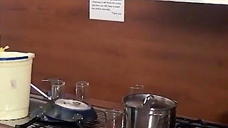 Pretty teen takes on huge old cock for a good fuck in the kitchen