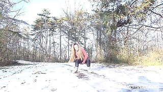 Slender long-legged blonde Lara Fox likes pissing on the snow