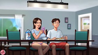 Jazziuu fucks her stepmom's big natural tits in bed - Summertime Saga MILF action