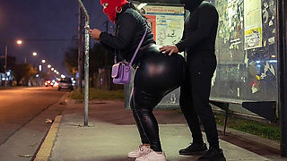 Big Ass Latina in Tight Leather Pants at Bus Stop Strips to Black Leather Thong