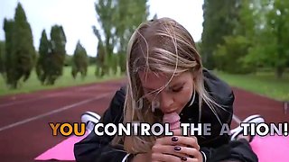 Busty ash-blonde cheerleader gives her coach a deep blowjob