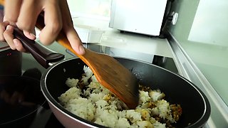 Fried rice and sex at home with cute Thai teen girlfriend