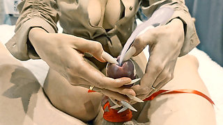 A milf stretches her stepson's urethra so he can cum easier.