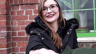 German scout meets a petite girl with glasses who comes to a casting and goes all in