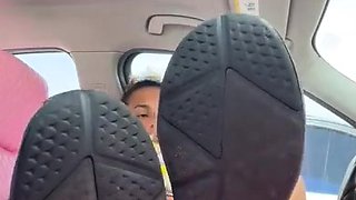 Brunette with foot fetish rubs big dick with her feet in POV