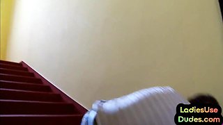 Strapon CFNM babes pegging guy in bondage threesome