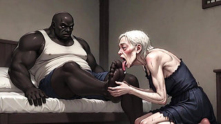 90 Year Old Granny Slave Licking Giant Black Man Feet - Wet Pussy Pleasure