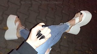 Muscle Hunk Heelex Struts Girl-On-Top During Late Night Street Stroll In Torn Skinny Jeans And Sky