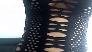 Busty curly brunette with big boobs fucks on couch