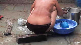 My elder sister-in-law&#039;s stepsister is bathing naked in red tights in the open bathroom at my house