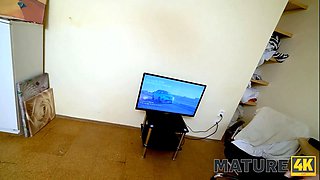 Mature4k. lady over fifty in stockings takes cheque in shape of cock