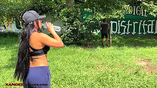 Beautiful fitness girl morbids her trainer in the park with huge thick cock